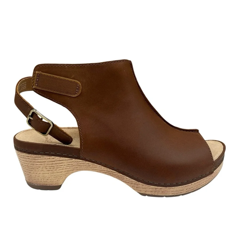 Dansko Womens Lizzy Peep Toe Leather Sandals Size 8 EU 38 Tan Brown Slip-on